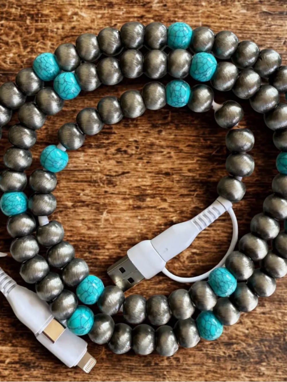 Beaded USB Charging Cable with Turquoise Accent Beads